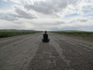 Vicky on empty Mongolian Road